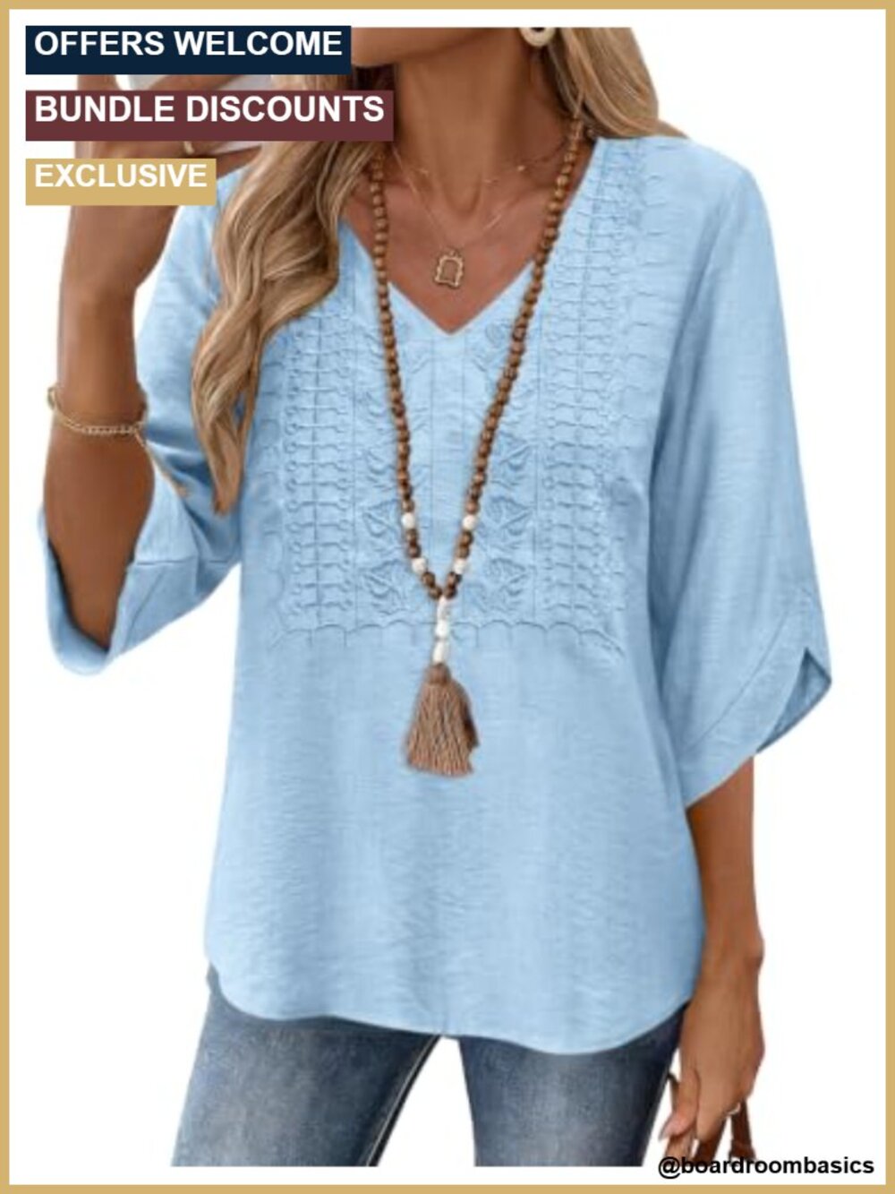Womens 3/4 Bell Sleeve Embroidered Lace V-Neck Boho Blouse Linen Feel Top